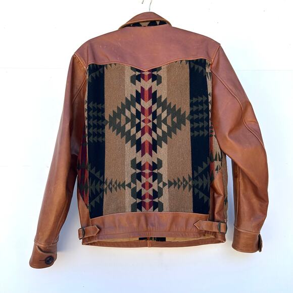 Vintage Men’s Leather Wool Navajo Jacket Western Southwestern Large - Picture 3 of 12
